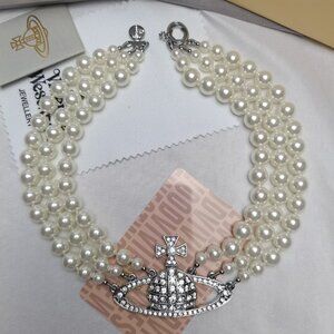 Vivienne Westwood Three Row Pearl Silver Finish Bas Relief Choker